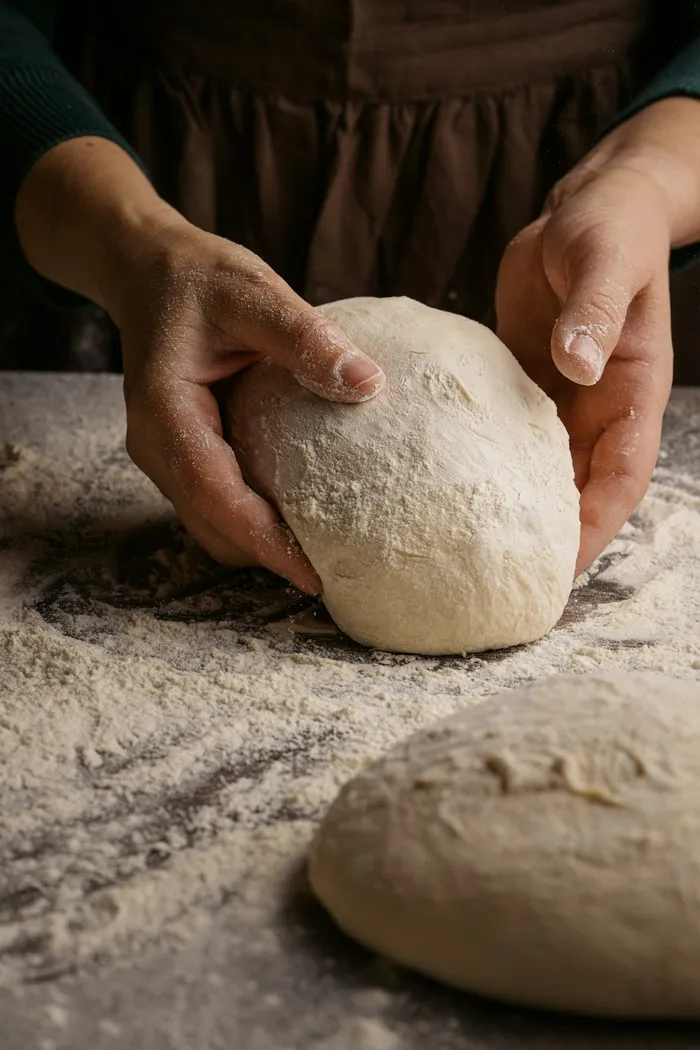 Shaping yeast dough into round dinner rolls in a baking dish